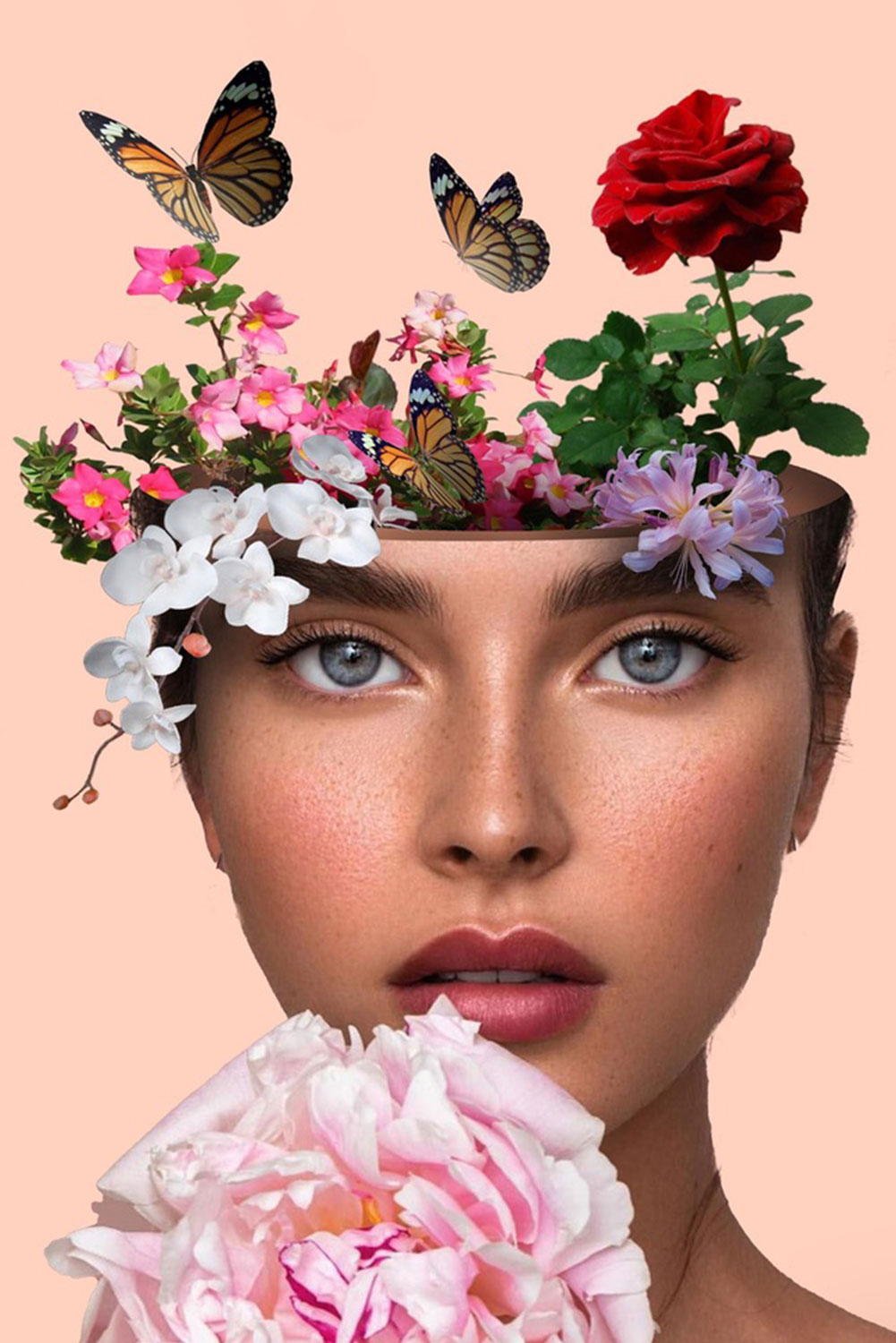 montage photo visage coupé avec des fleurs sur le haut de la tête