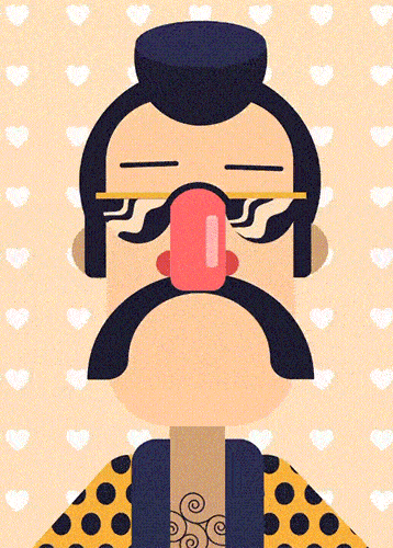 Une animation en motion design d'un personnage homme avec lunette et moustache qui bouge la tête