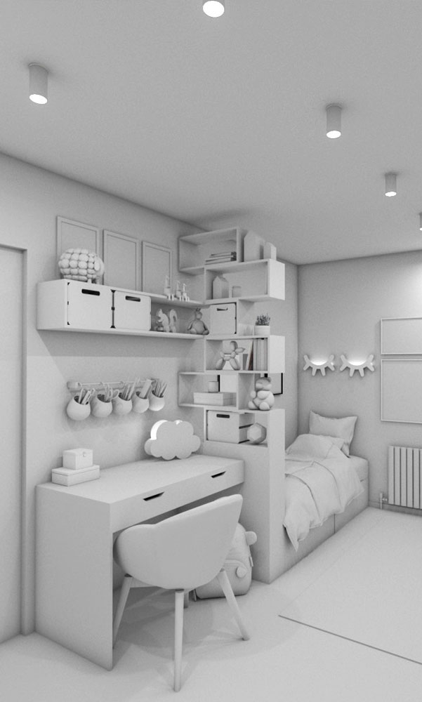 Image d'une réalisation 3D en infographie d'une chambre avec bureau lit et rangements