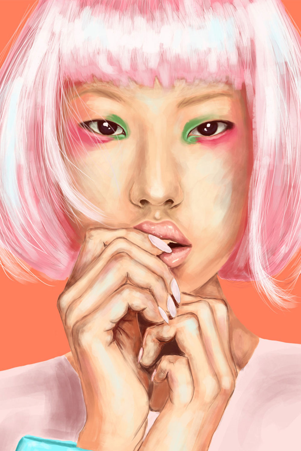 Dessin en illustration d'une femme asiatique avec des cheveux roses